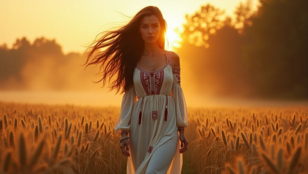 Українська жінка у пшеничному полі на заході сонця. Психологія жінки.