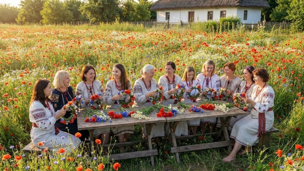 Українські жінки на квітучому лугу плетуть вінки з квітів